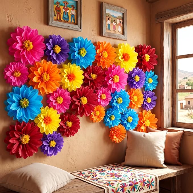 Geyee 36 Pcs Mexican Paper Flower Colorful Tissue Paper Flower, 10" 12" 14" | Fiesta Tissue Crepe Paper Flowers Pom Poms Mexican Carnival for Floral Party Backdrop Wedding Birthday Party Craft by Geyee