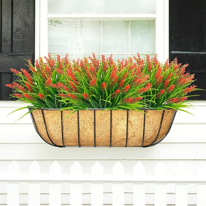 obbsie 12 Bundles Artificial Plants Outdoor, 18.2" UV Resistant Faux Monkey Grass Greenery Stems No Fade Faux Plastic Flowers Shrubs for Home Weddings Garden Porch Front Patio Office Decor - Red - Image 6