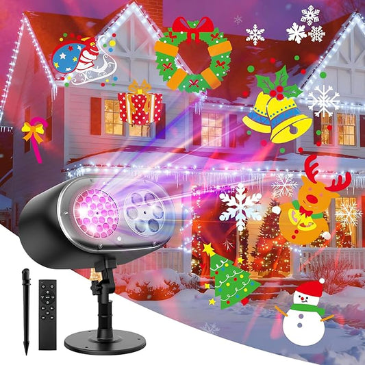 Christmas Projector Lights Outdoor, Christmas Patterns Holiday Projectors, 12 HD Effects (3D Ocean Wave + Patterns), Holiday Projector, Christmas Decorations for Light Show (Black-Christmas-01)