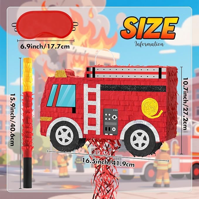 WERNNSAI Fire Truck Pinata - Firetruck Birthday Decorations Pinata for Boys Kids Firefighter Truck Theme Birthday Party Game Decorations Bundle with Blindfold and Bat