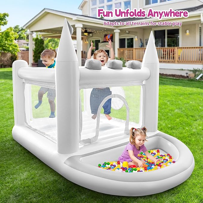Inflatable Bounce House for Kids Ages 3-8, 5 in 1 Small Bouncy Castle Outdoor, Jumper, Ball Pit, Basketball Hoop, Rings, Target Game Pump Included, White