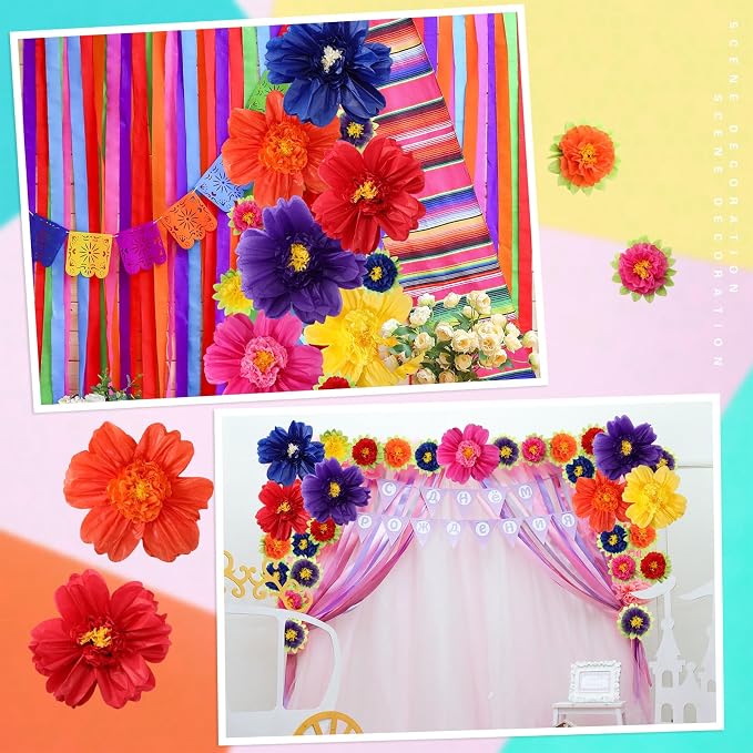 TaoBary Giant Tissue Paper Flowers, 20",10", Dark Colors, 12 Pcs | Complete 2 Size Set, Pre-folded for Easy Shaping, Mexican Paper Pom Poms, Lightweight for Fiesta and Birthday Wall Decor - Image 7