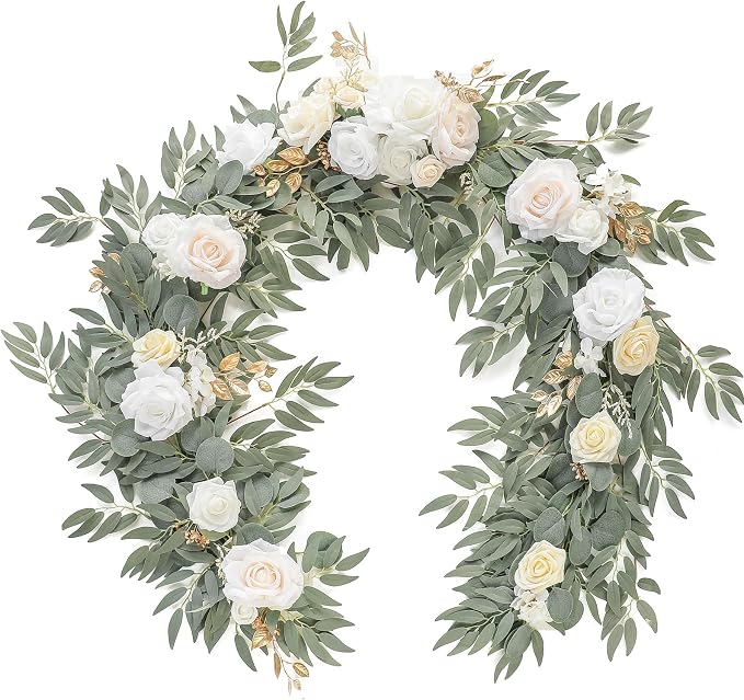 Floroom 6ft Artificial Eucalyptus Garland with Flowers Fake Greenery Faux Floral Vine Garland for Table Decor Wedding Centerpieces Bridal Shower Party Decorations, Cream White by Floroom
