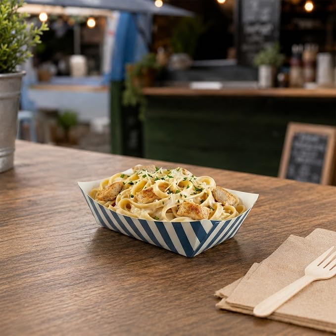 Restaurantware Bio Tek 6 Ounce Boat Paper Boats 400 Disposable #40 Food Trays - PE Lining Durable Blue And White Striped Paper Food Baskets For Concession Stands Picnics or Fairs - Image 3