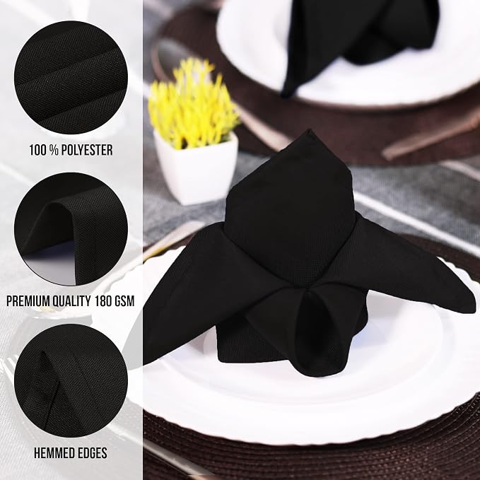 Utopia Home [12 Pack, Black] Cloth Napkins 20x20 Inches, 100% Polyester | Hemmed Edges, Washable and Reusable Ideal for Parties, Weddings and Dinners - Image 7