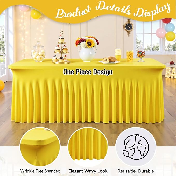 Leegleri 2 Pack Yellow Spandex Fitted Table Clothes for 6 Foot Rectangle Tables - Wrinkle Free, Perfect for Banquets, Weddings & Parties - Image 3