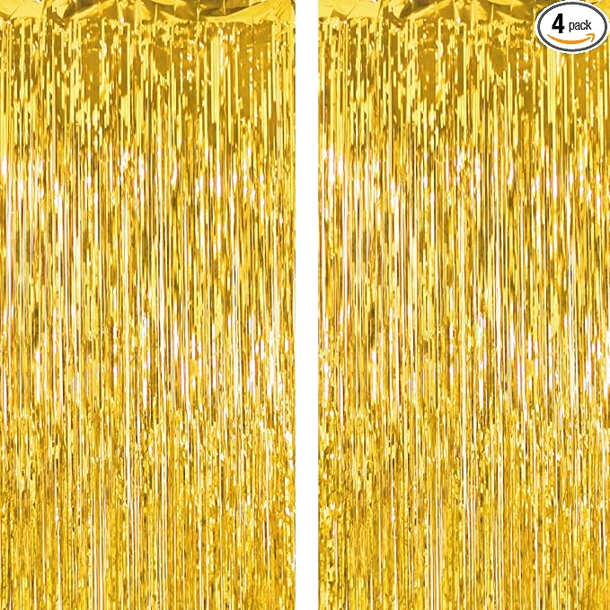 4 Pack Thickened Gold Metallic Foil Fringe Curtains Streamer Rip Resistant Shimmer Tinsel Photo Booth Backdrop for Birthday Wedding Christmas Bachelorette Party Decorations 3.28ft x 6.56ft