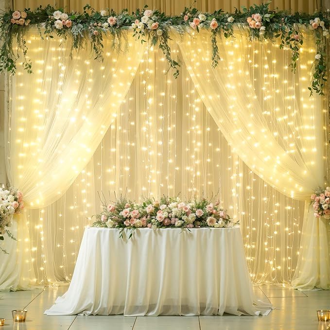 6 Panels Champagne Sheer Tulle Backdrop Curtains with Lights String for Party Wedding Wrinkle Free Curtain Backdrops Drapes for Baby Shower Bridal Shower Photo Background Home Decorations 30ft x 10ft - Image 7