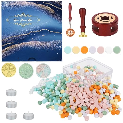Wax Seal Stamp Kit - 357Pc Set with Wax Beads, Seal Stamps, Warmer, Spoon, Candles - Vintage Envelopes & Letters - Multicolor