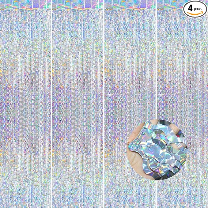 Silver Glitter Foil Fringe Streamer Metallic Wavy Tinsel Curtain for Birthday Wedding Engagement Baby Shower, 4 Pack 6.56 x 3.28 FT Wave Streamer Backdrop Party Backdrop Photo Booth Door Decoration