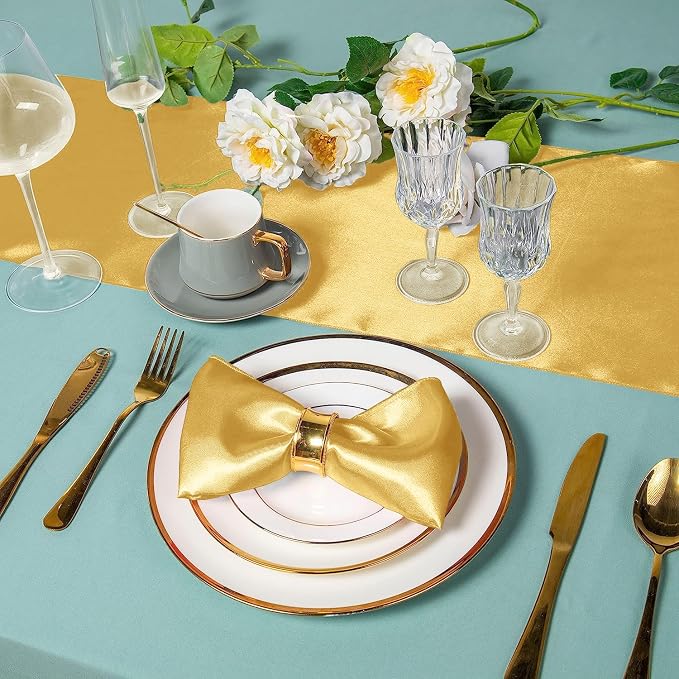 SI Pack of 50 Wedding 12 x 108 inch Satin Table Runner for Wedding, Decorations for Graduations, Engagements, Birthday Parties, Banquets, Runners fit Rectangle, Round Table - Light Gold - Image 5