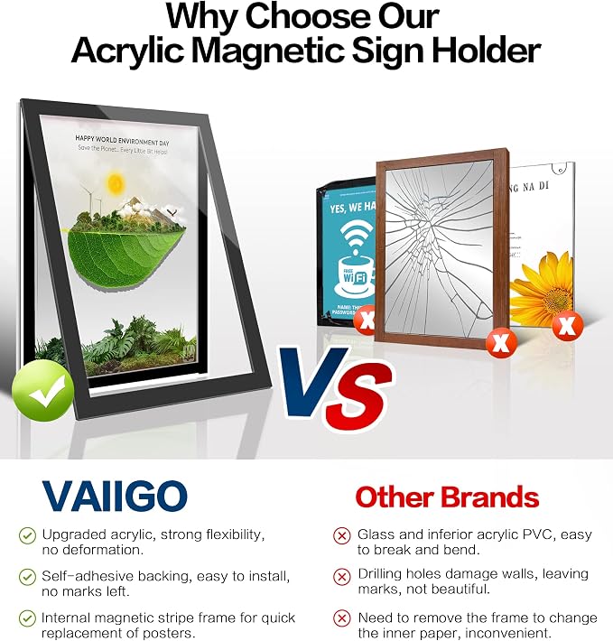 8.5" x 11" Acrylic Sign Holder Wall Mount, Self Adhesive Magnetic Display Frame with Nano Tape and Strong Magnetic Frames for Wall, Door, Glass, Home, Store, Office (Black, 3Pack) - Image 7