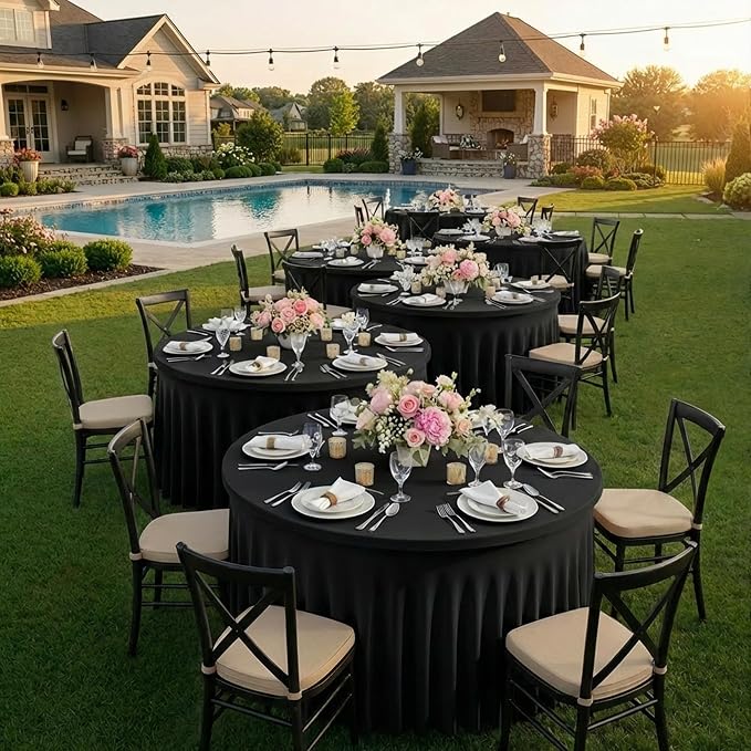 6 Pack Black Round Spandex Tablecloth for 72 inch Table, Wrinkle Free Stretchy 132inch Fitted 6FT Round Table Cloths Cover with Skirt for Wedding Birthday Party Graduation Banquet Events - Image 5