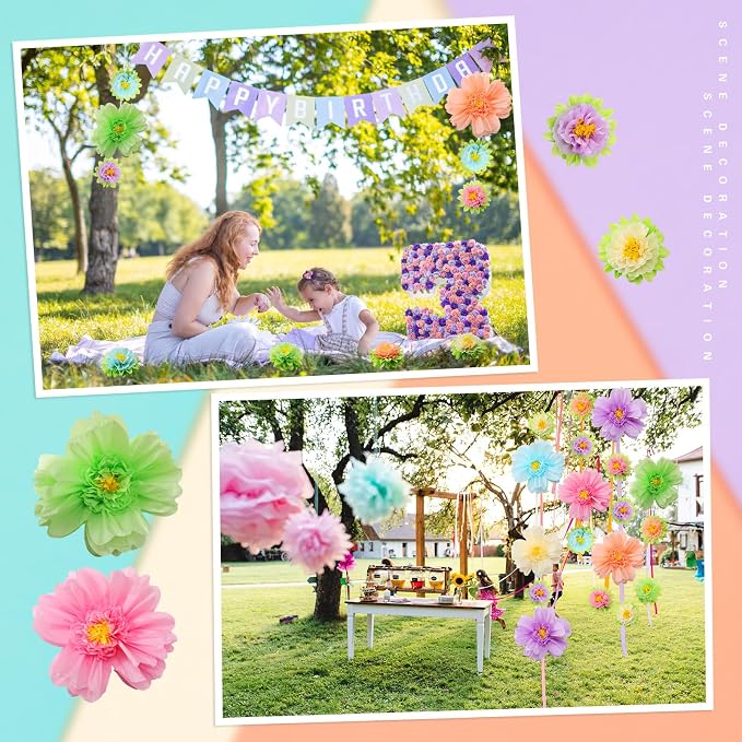 TaoBary Giant Tissue Paper Flowers, 20",10", Pastel Color, 12 Pcs | Complete 2 Size Set, Pre-folded for Easy Shaping, Mexican Paper Pom Poms, Lightweight for Fiesta and Birthday Wall Decor - Image 5