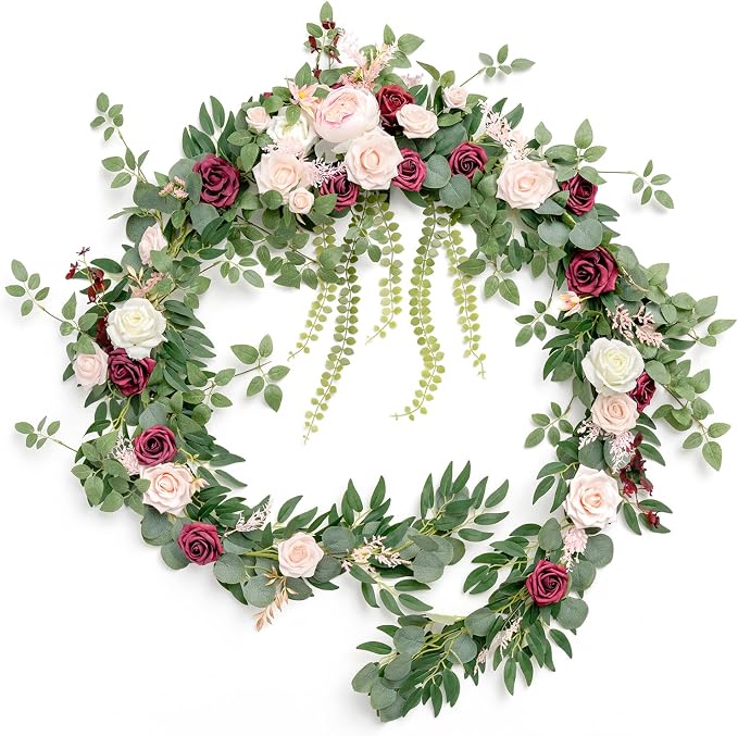 Ling's moment Burgundy Eucalyptus Flower Garland Wedding Arch 9 FT | Blush Rose & Eucalyptus, Greenery, Sweetheart Table Decor, Marsala Floral Garland for Mantle, Centerpieces, Backdrop by LingsMoment