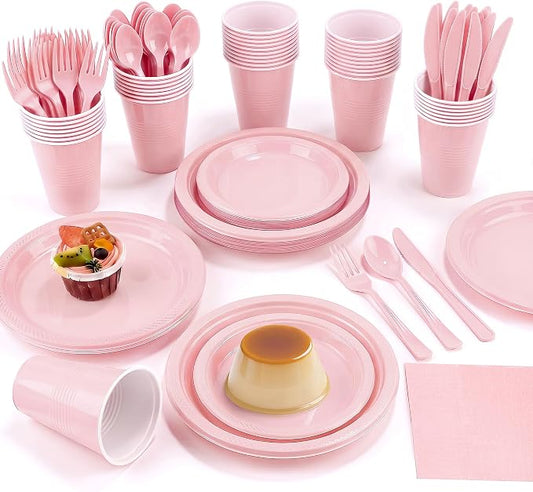 Aodaer 200 Pieces Pink Party Supplies Disposable Dinnerware Set Include Plastic Plates Cups Knives Forks Spoons Paper Napkins for Birthday Wedding Graduation Parties, Serve 25 Guests by Aodaer