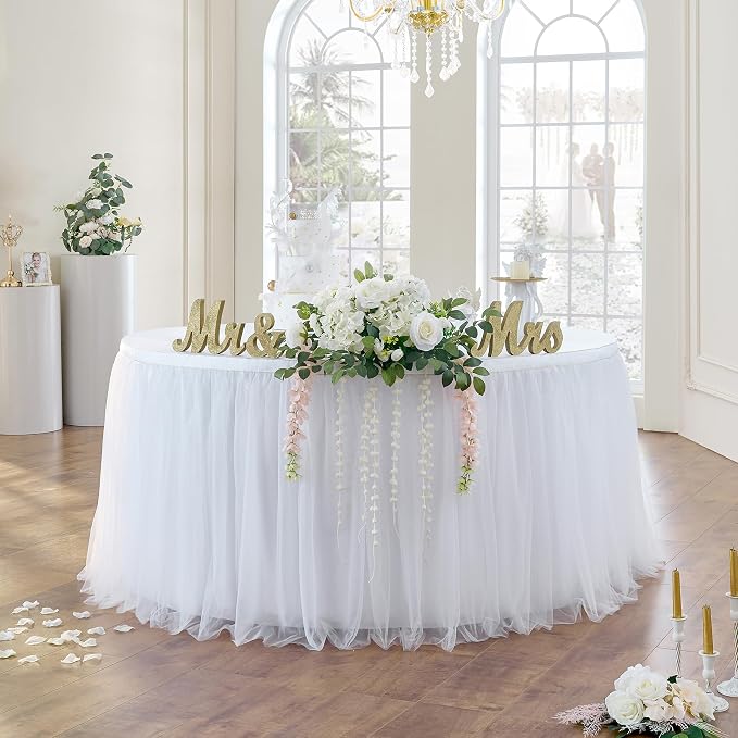 96in White Tulle Table Skirts for Rectangle Tables 8/6/4ft, 2-Layer Gold Grim Ruffle Tulle Tutu Cloth Table Skirt 8ft Long for Wedding Birthday Party Baby Shower Cake Dessert Tables(No Table Cover) - Image 2