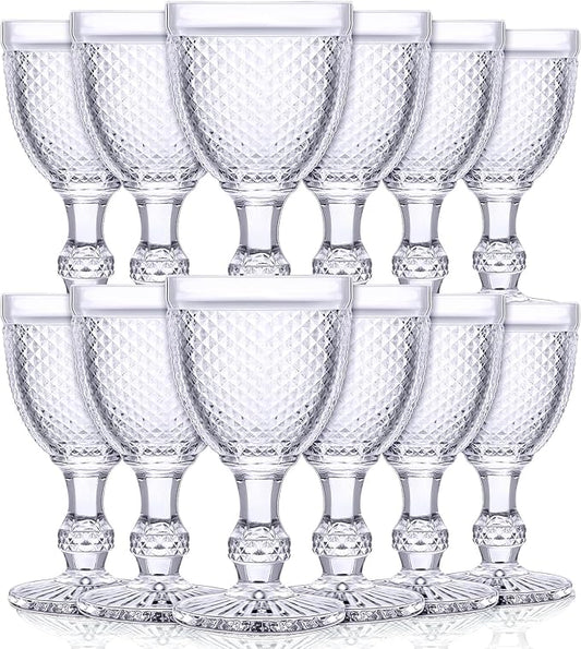 Bokon 12 Pack Purple Glass Goblets Set 10 oz High Clear Wine Glass Vintage Water Goblets Cups Embossed Diamond Design Glassware with Stem for Drinking Juice Liquor Party Wedding Bar