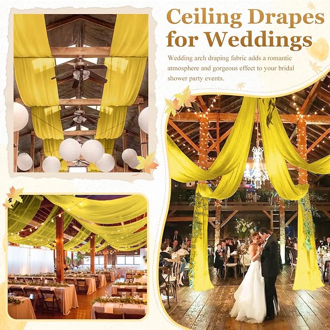 MODFUNS Ceiling Drapes for Parties Gold Sheer Wedding Arch Drapes 4 Panels 5x30ft Chiffon Fabric Ceiling Drapery Tulle Curtain for Backdrop Ceiling Draping Fabric for Party Wedding Hall Decor - Image 6