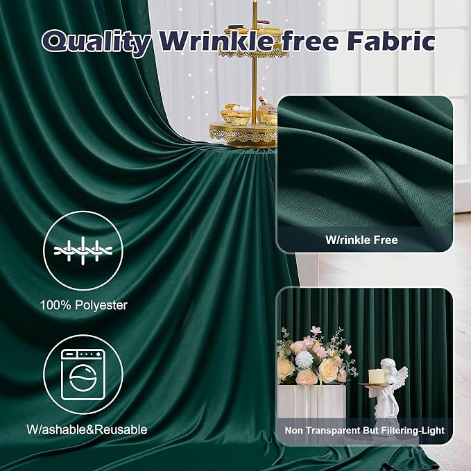 30ft x 8ft Wrinkle Free Hunter Green Backdrop Curtain for Jungle Parties, 6 Panels 5×8ft Soft Silky Green Polyester Photo Backdrop Drapes for Wedding Birthday Photography Christmas Background Cloth - Image 2