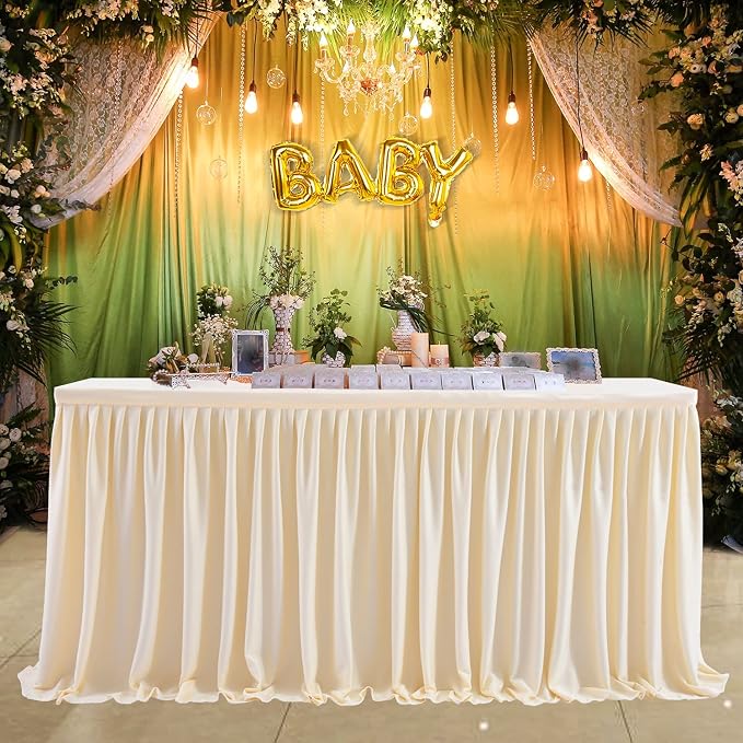 Ivory Table Skirt - 12ft Rectangle Table Polyester Pleated Ruffle Tablecloth for Wedding, Birthday, Baby Shower, Bridal Shower & Banquet Decoration by LittleFunny