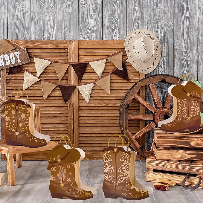 12Pcs Cowboy Boots Paper Bags Western Theme Party Decorations Favors Wild West Kraft Gift Bag with Handles Rodeo Cowgirl Boot Hat Goodie Bag for Cowboy Birthday Bachelorette Baby Shower Party Supplies - Image 7