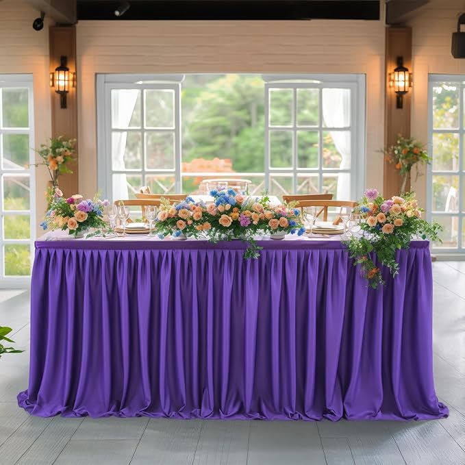 12ft Purple Table Skirt for Rectangle Tables Polyester Table Skirt Desk Skirts Ruffle Table Skirt Cloth for Birthday Party Banquet Purple Theme Party Wedding Bridal Shower Table Skirts - Image 2