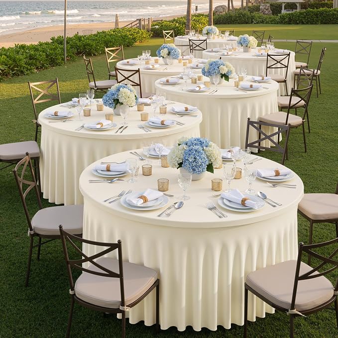 6 Pack Ivory Spandex Round Tablecloths for 60 inch Table, Wrinkle Free 120inch Stretchy Fitted 5FT Round Table Cloths Cover with Skirt for Wedding Party Dining Banquet - Image 5