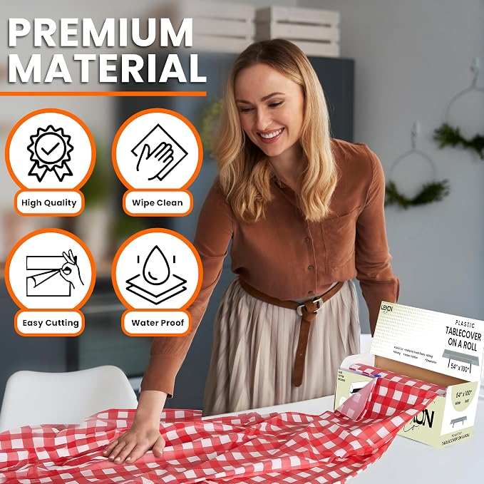 LEMON + Co. Red Gingham Premium Plastic Tablecloth Roll - 54" x100' for Parties with Cutter Box - Cut to Size Rectangle & Round Disposable Tablecloth Plastic Table Cover - Image 2