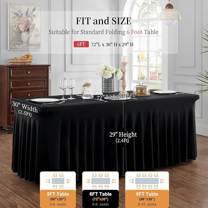 Spandex Tablecloth 6FT Rectangle Table Cover 6 Pack Black Wrinkle-Free - Image 6