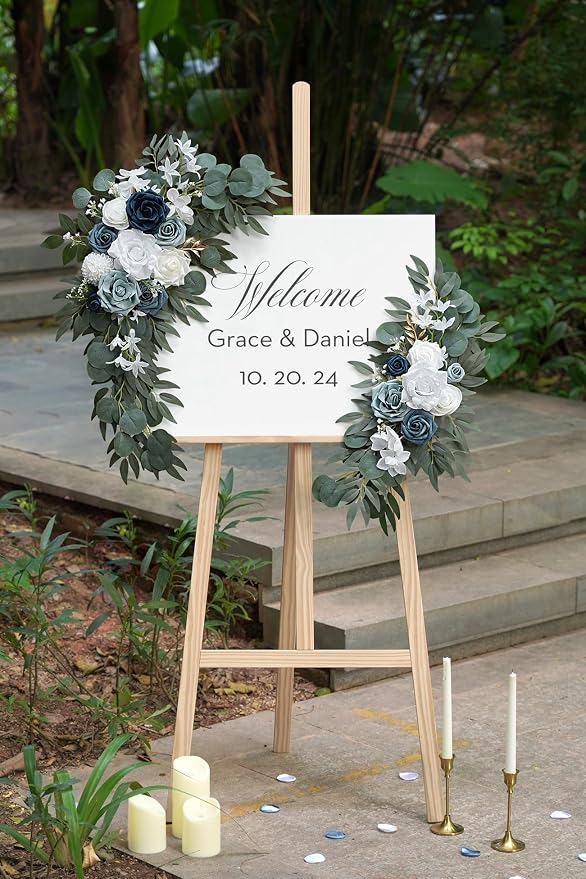 Olalaka Dusty Blue Flower for Wedding Welcome Signs Decorations, Artificial Wedding Arch Flowers for Wedding Ceremony (Set of 2) - Image 3