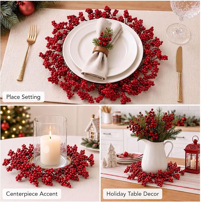 Christmas Round Placemat Set of 12 Artificial Berry Wreath Charger | Circular Xmas Mats, Artificial Greenery Branch Place Mats, Winter Fake Berry Table Decor, Kitchen Dining Accessories - Image 6