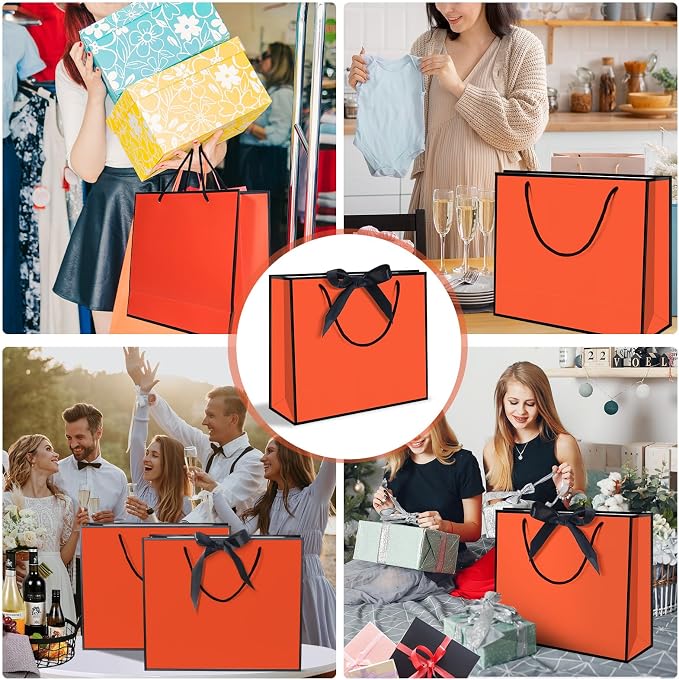 50 Pack Gift Bag with Bow Ribbon Horizontal Paper Gift Bags Bulk for Women Men, Birthday Wedding Bridesmaid Party Favor Shopping Retail Gift Sacks (Orange, 12.6x4.3x10.5 Inch (Pack of 50)) - Image 6