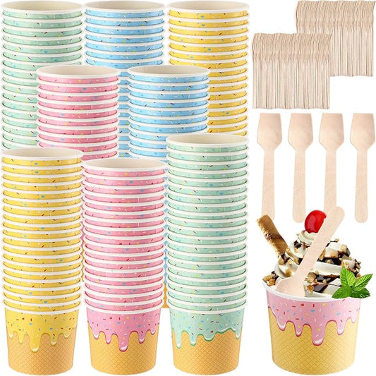 200 Pack 6 oz Paper Ice Cream Cups with Wooden Spoons, Disposable Dessert Bowls, Colorful Sundae Bar Supplies for Parties, Hot Soup, Frozen Yogurt by Unknown