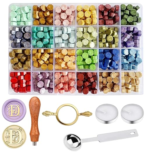 Wax Seal Stamp Kit - Sealing Wax Beads in 24 Colors with Personalized Letter Stamp,Steel Melting Spoon,Tea Candles and Round Molds – Perfect for Wedding Invitations,Envelopes(D)