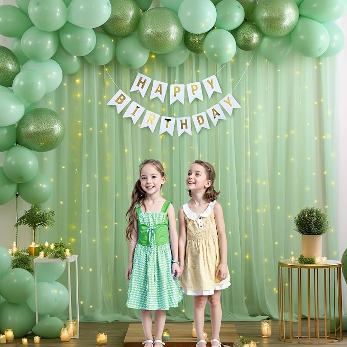 10ft x 8ft Green Backdrop Curtain with Lights String for Parties, Sheer Tulle Wedding Photo Backdrops Drapes for Baby Shower Birthday Party Decorations Background for Photography - Image 7