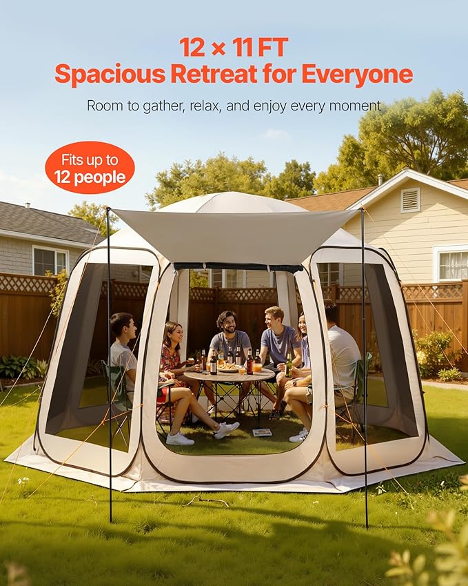 VEVOR Pop up Screen House Tent, 12 x 11 ft, 10-12 Person Screen Gazebo with Extended Awning, Portable Screened in Canopy with Carry Bag, Netting Sides, for Patio, Backyard, and Outdoor Activities