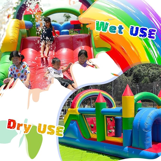 25FT Commercial Grade Bounce House for Adult, (Heavy Duty PVC)(950W UL Blower) Inflatable Obstacle Course, with Water Slide, Splash Water Pool Ball Pit, Large Backyard Lawn Party Game