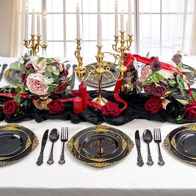 150PCS Black Plastic Silverware - Heavy Duty Disposable Cutlery Sets - Fancy Plastic Utensils Flatware Include 50 Forks, 50 Spoons, 50 Knives for Catering, Dinners, Weddings, Party