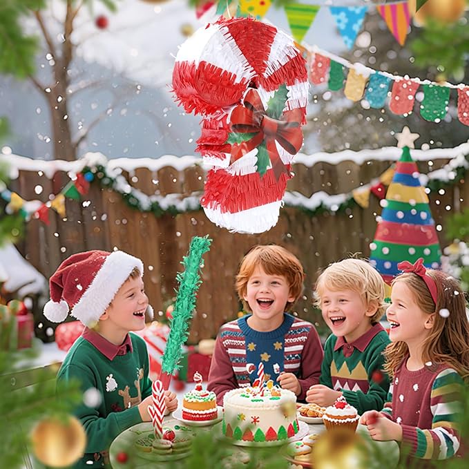 Christmas Candy Cane Pinatas Bundle with a Blindfold and Bat (Small Size 17x11x4 Inches), Holiday Theme Piñata, Christmas Party Supplies, Xmas Piñata, Party Decoration Games