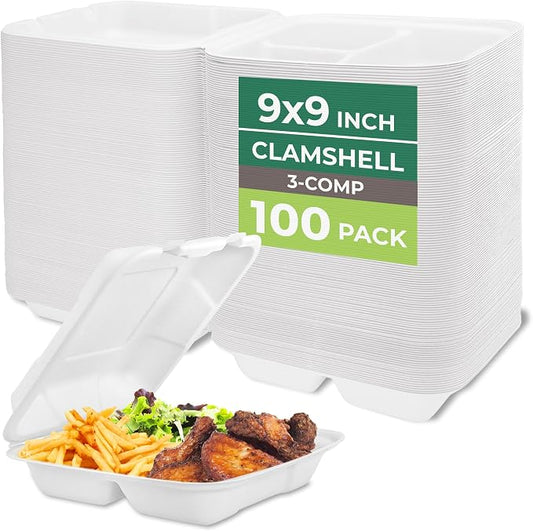 Freshware Clamshell Food Containers with Lids [9x9"] 3-Compartment 100-Pack, Disposable To Go Containers, Biodegradable Sugarcane To Go Boxes - Paper Container - Microwave & Freezer Safe, Stackable by Freshware