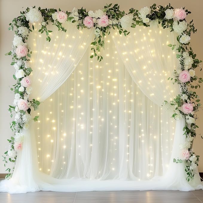Fomcet Tulle Backdrop Curtains with Lights 10x10ft Sheer Ivory Curtain | Tulle Curtains Backdrop Sheer Backdrop Curtains for Parties Wedding Birthday Baby Shower Photo Shoot Decors(2 Panels 5x10ft) by Fomcet