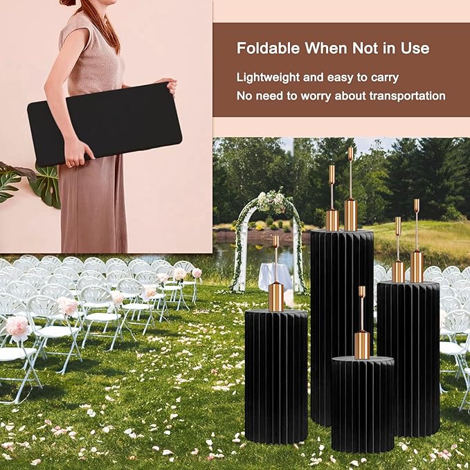 4Pack Cylinder Stands for Party, Foldable Cardboard Columns with 4 Clear Round Top Plates, Cake Display Pedestal Stand for Wedding Banquet Vendor Events Decorative (Black)