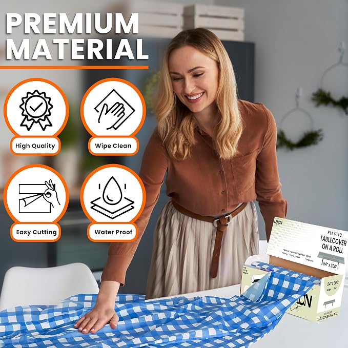 LEMON + Co. Blue Gingham Premium Plastic Tablecloth Roll - 54" x300' for Parties with Cutter Box - Cut to Size Rectangle & Round Disposable Tablecloth Plastic Table Cover - Image 2