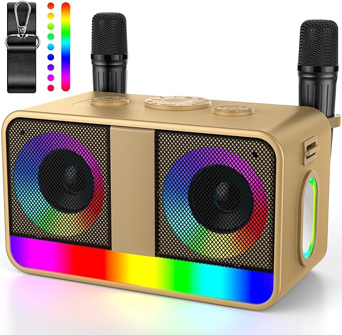 Karaoke Machine, Real 35W Portable Speaker,8H Long Time, 2 Rechargeable Wireless Microphones,LED,Karaoke Machine for Adults & Kids,BT/FM/USB/TF/AUX,for Home Party/Outdoors(CHJ171-Golden)