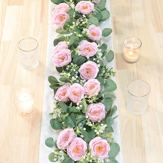 TOCHGREEN 2 Pack 13Ft Artificial Eucalyptus Flower Garland with Pink Roses | Fake Rose Flower Greenery Garland Floral Vines for Wedding Centerpiece Backdrop Home Party Table Runner Valentines Day Decor by TOCHGREEN