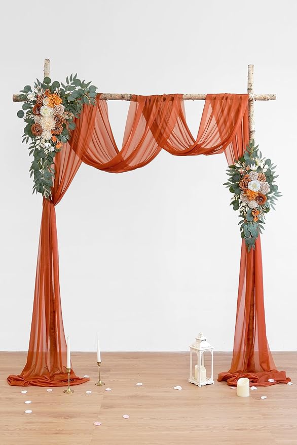 Olalaka Burnt Orange Artificial Wedding Arch Flowers Kit (Pack of 3) with 26Ft Terracotta Shiny Arch Draping Fabric for DIY Wedding Party Ceremony Reception Backdrop Floral Decoration - Image 2