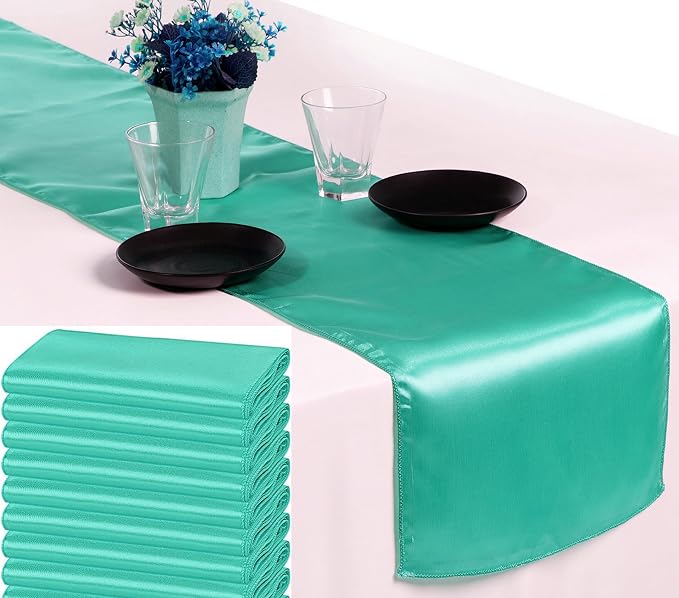 VDS Pack of 20 Satin Table Runners Charmeuse Sateen Silk Centerpiece Cloth Linen for Wedding Birthday Graduation Engagement Ceremony Event Party Banquet Table Decoration (12x108 inch)(Sea Green) by VDS