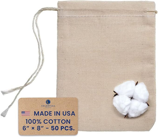 Celestial Gifts Muslin Bags with Drawstring, 50pcs, 6x8, 100% Cotton | Large Drawstring Bags Bulk, Drawstring Gift Bags for Party Favor & DIY Craft, Made in USA, Natural Hem & Drawstring Pouches by CelestialGifts