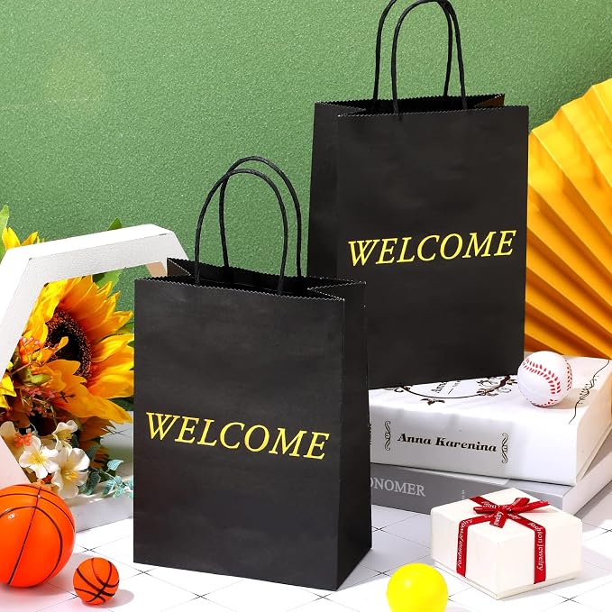 Jexine 100 Pcs Black Welcome Gift Bags 8 x 4 x 10 Inches Welcome Bags Bulk | Durable Kraft Paper Bags with Handles, for Wedding, Hotel Guests, Church Visitor, Retail Shopping, Party Favor Gift Packaging - Image 6